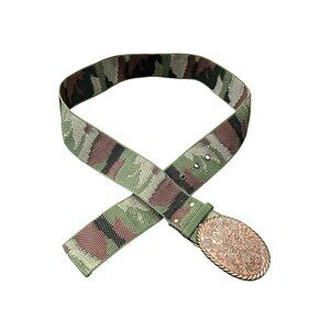 Camouflage Woven Belt With Floral Tooled Leather Buckle Small Military Retro